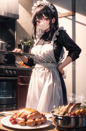 1 maid girl,  bright red eyes, long black hair, wearing a white apron, cooking a delicious big turkey, thanksgiving time, kitchen location, shadows effect, masterpiece quality,perfecteyes