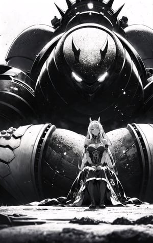 The cover of a manga, a girl with long hair wearing a tribal fantasy style dress sitting on the hand of a colossal gear golem, close-up, made by Norihiro Yagi, black and white, detailed, fantasy world,monochrome