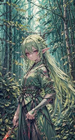1 beautiful elf girl, very long delicate green hair, bright red eyes, holding a magical small daga, deep into the forest location, detailed, colorful vegetation, masterpiece quality, close-up, front of view,fantasy00d, detailed shadow effect, symmetrical, weapon, fighting spirit expression, tribal tattoos 
