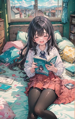 a young schooler girl, 16 years old, long black hair, closed eyes, tears coming out, red skirt, white shirt, black leggings, lying down on bed, reading a manga, holding a manga, laughing hysterically, messy room, bedroom location, watercolor, big windows with a town in background