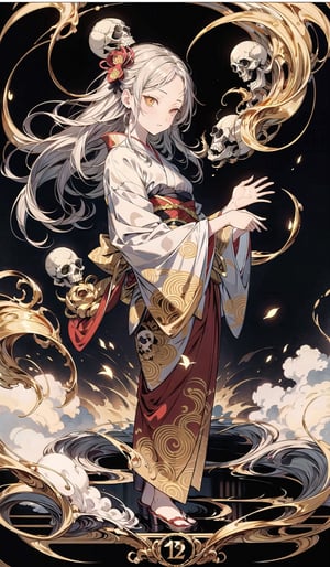1 girl, long white hair, bright golden eyes, detailed elegant red kimono with golden filigree design, clouds floor with golden filigree style, black background with skulls floating