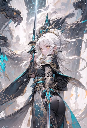 1 queen of thunders, beautiful face, very long glitter white hair, bright golden eyes, wearing a thunder style yellow-blue dress, detailed dress with filigree thunders style,  Iceland location, thunderstorm background, weapon, holding a thunder magic sword, snowing background, side view, thundermagicAI,weapon
