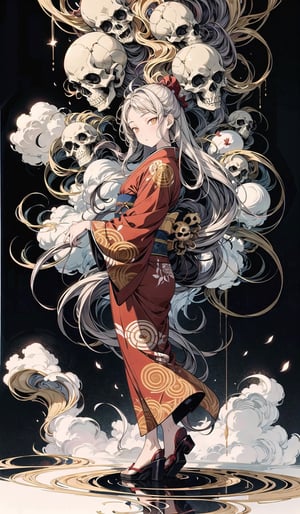 1 girl, long white hair, bright golden eyes, detailed elegant red kimono with golden filigree design, clouds floor, black background with skulls floating