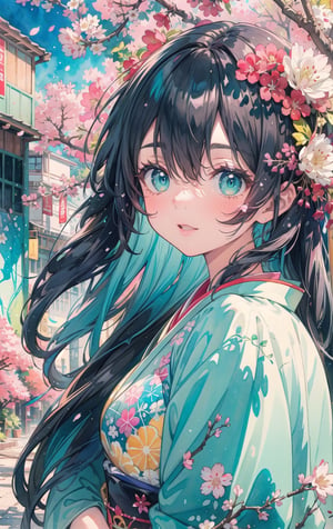a painting of a geisha, long black hair, oily hair, bright cyan eyes, colored splatters, beautiful and colorful, rim light, vibrant watercolors, strong facial expression, colorful muralist, detailed pores and shadows, cherry blossom falling in background, front of view shot,watercolor