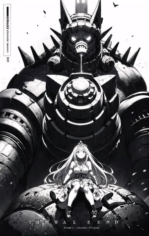 The cover of a manga, a girl with long hair wearing a tribal fantasy style dress sitting on the hand of a colossal gear golem, close-up, made by Norihiro Yagi, black and white, detailed, fantasy world,monochrome