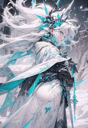 1 queen of ice, beautiful face, very long glitter white hair, bright cyan eyes, wearing a winter ice style white-blue dress, detailed dress with filigree ice style, winter, Iceland location, blizzard storm background, weapon, holding an ice magic sword, snowing background, side view, icemagicAI,weapon
