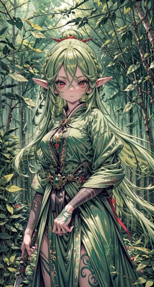 1 beautiful elf girl, very long delicate green hair, bright red eyes, large breasts, deep into the forest location, detailed, colorful vegetation, masterpiece quality, close-up, front of view,fantasy00d, detailed shadow effect, symmetrical, weapon, fighting spirit expression, tribal tattoos ,perfecteyes