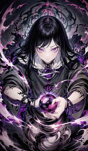 ((The king of the underworld, creepy scary face, long black hair, bright purple eyes, black and red armature, concentration expression, holding a magical dark sphere)), casting a powerful magic:(magical dark around, dark aura, massive magic circle coming down from sky, final battle, fighting scene, cinematic still, shaking ground effect, masterpiece quality, detailed light effect, detailed shadows effect, ,scenery, close-up  EnvyBeautyMix23