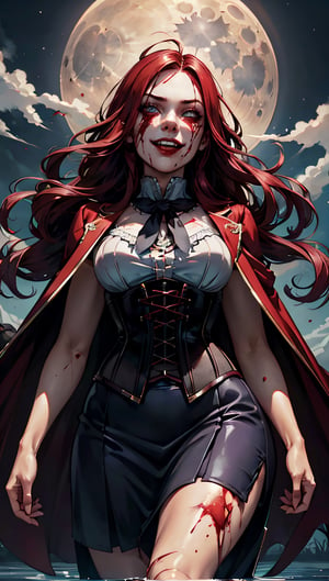 1girl, portrait, vampire, red hair, corset, skirt, fangs, floating, looking_at_viewer, moonlight, night, bloody stream, blood_on_face, evil smile, from below, blood, blood wisp the air, rivers of blood,More Detail,Detailedface