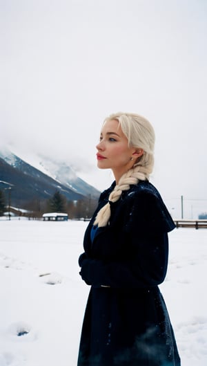 photograph, photo of beautiful woman, elsa from frozen movie, white hair, braided, cleavage, queen outfit, (queen crown), heavy snow, snowy foreground, fog, icebergs, photo grain, cinestill, super 8 film grain, cinematic lut