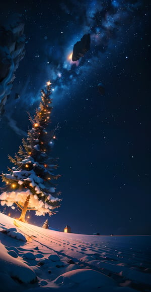 anime,illustration,masterpiece,best quality,absurdres,highres,8K,(detailed background),
air.,landscape,(in winter:1.3),(night_sky:1.5),christmas_tree,wide_shot,from_below,plateau,