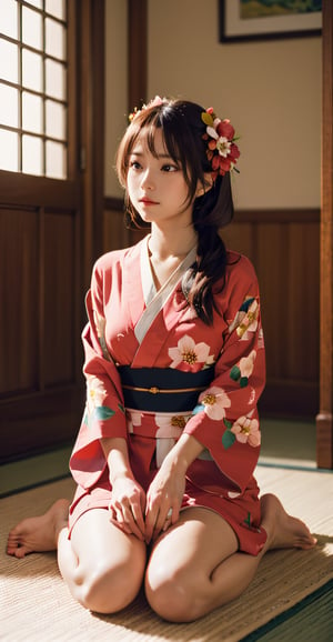 masterpiece, best quality, absurdres, perfect anatomy, 1girl, solo, YoshieHanabatake, long hair, indoors, kimono, hair flower, floral print, wariza, sitting, hands on own knees, 