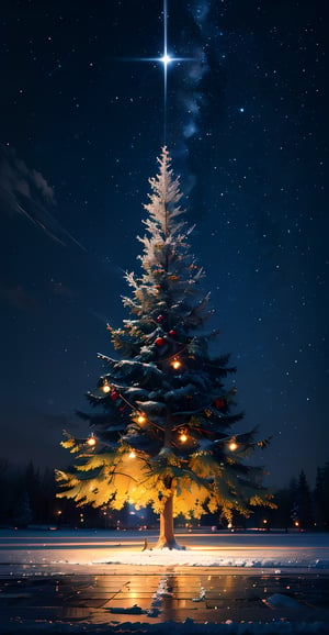 anime,illustration,masterpiece,best quality,absurdres,highres,8K,(detailed background),
air.,landscape,(in winter:1.3),(night_sky:1.5),christmas_tree,wide_shot,