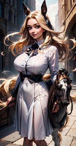 horse ears, white dress_shirt, huge_breasts, smile, black skirt, full_body, blonde_hair,, beautiful, (masterpiece:1.2), (best quality:1.2), perfect eyes, perfect face,