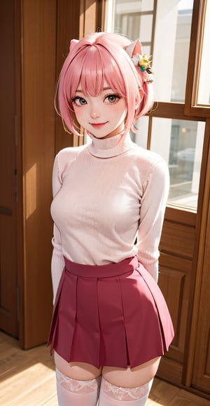 masterpiece, best quality, absurdres, perfect anatomy, 1girl, solo, KurashimaChiyuri, short hair, cat hair ornament, white turtleneck sweater, pink thighhighs, pink skirt, indoors, arms behind back, smile, blush, standing, 
