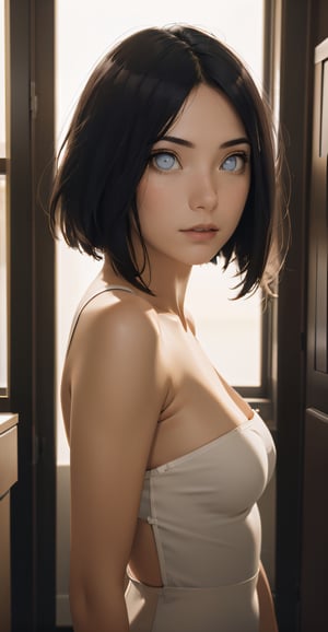 masterpiece, best quality, high res, best quality, the greatest details, 8k, UHD, HD, 1girl, realistic, side lighting, wallpaper,
, , , ,
black hair,blue eye,short hair,beautiful eyes,pretty face,Photorealism, 8k, real, detailed,Real faces,((Real skin)),photo,Film style,idol,full_body,clear,8k,photoVintage style,fashion,girl,Natural light and shadow,Clear background,Delicate facial features,Facial pores,low specliar large_breast