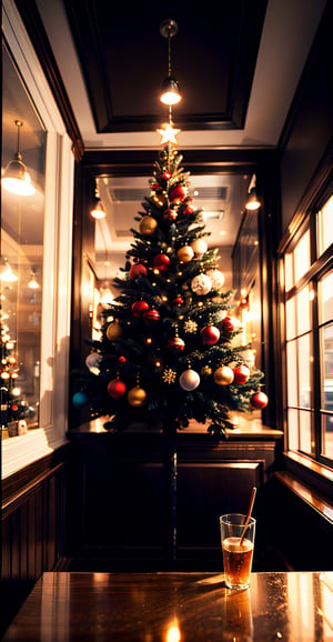 (masterpiece,best quality,ultra-detailed,8K,aesthetic, intricate,realistic,high contrast,sharp focus):1.3,illustration of beautiful Christmas tree in a cafe,shiny,glossy decorations,lights on trees,cinematic lighting,detailmaster2