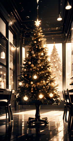 (masterpiece,best quality,ultra-detailed,8K,aesthetic, intricate,realistic,high contrast,sharp focus):1.3,illustration of beautiful Christmas tree in a cafe,shiny,glossy decorations,lights on trees,cinematic lighting,detailmaster2,1 girl