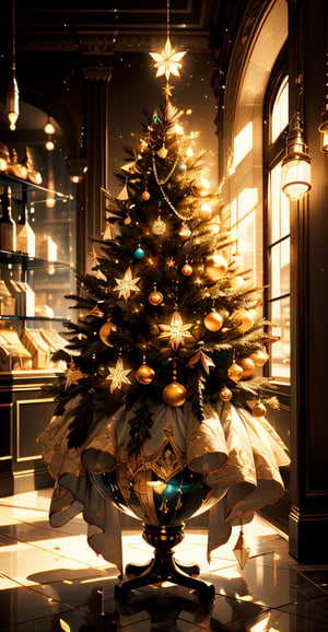 (masterpiece,best quality,ultra-detailed,8K,aesthetic, intricate,realistic,high contrast,sharp focus):1.3,illustration of beautiful Christmas tree in a cafe,shiny,glossy decorations,lights on trees,cinematic lighting,detailmaster2,1 girl