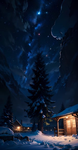 anime,illustration,masterpiece,best quality,absurdres,highres,8K,(detailed background),
air.,landscape,(in winter:1.3),(night_sky:1.5),christmas_tree,wide_shot,from_below,plateau,