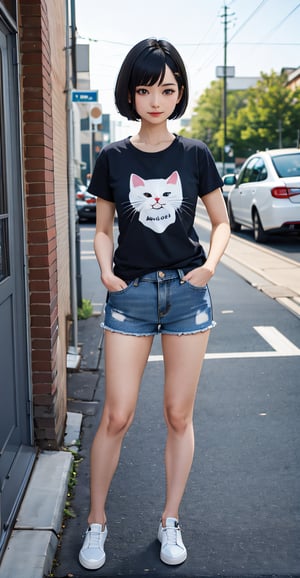 masterpiece, best quality, absurdres, perfect anatomy, 1girl, solo, KurashimaChiyuri, short hair, cat hair ornament, graphic tee, denim shorts, standing, outdoors, city, hands in pockets, 