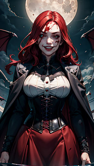 1girl, portrait, vampire, red hair, corset, skirt, fangs, floating, looking_at_viewer, moonlight, night, bloody stream, blood_on_face, evil smile, from below, blood, blood wisp the air, rivers of blood,More Detail