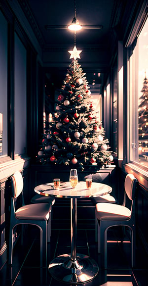 (masterpiece,best quality,ultra-detailed,8K,aesthetic, intricate,realistic,high contrast,sharp focus):1.3,illustration of beautiful Christmas tree in a cafe,shiny,glossy decorations,lights on trees,cinematic lighting,detailmaster2