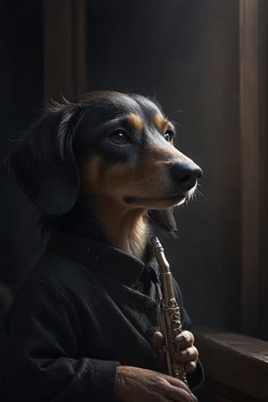 Cinematic photo of an anthropomorphic Dachshund humanoid body, playing a silver flute, wind musical instrument, movie poster, dressed as a prestigious musician, great detail, hyper-realistic. 35mm photography, film, bokeh, professional, 4k, highly detailed, Cnd,dragon_h,N.A.WhitetailDeer