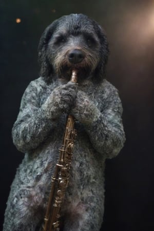 Cinematic photo of an anthropomorphic labradoodle humanoid body, playing a silver flute, wind musical instrument, movie poster, dressed as a prestigious musician, great detail, hyper-realistic. 35mm photography, film, bokeh, professional, 4k, highly detailed, Cnd