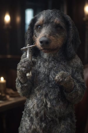 Cinematic photo of an anthropomorphic Dachshund humanoid body, playing a silver flute, wind musical instrument, movie poster, dressed as a prestigious musician, great detail, hyper-realistic. 35mm photography, film, bokeh, professional, 4k, highly detailed, Cnd