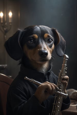 Cinematic photo of an anthropomorphic Dachshund humanoid body, playing a silver flute, wind musical instrument, movie poster, dressed as a prestigious musician, great detail, hyper-realistic. 35mm photography, film, bokeh, professional, 4k, highly detailed, Cnd,dragon_h,N.A.WhitetailDeer