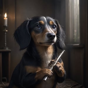 Cinematic photo of an anthropomorphic Dachshund humanoid body, playing a silver flute, wind musical instrument, blowing through the flute, interpreting a melody, movie poster, dressed as a prestigious musician, great detail, hyper-realistic. 35mm photography, film, bokeh, professional, 4k, highly detailed, Cnd,dragon_h,N.A.WhitetailDeer