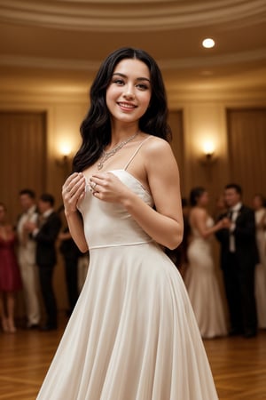 A graceful girl with long black hair and violet eyes is dancing in a ballroom. She is wearing a white gown and a silver necklace. She has a pair of white gloves and a fan in her hands, and she is moving with elegance and poise. She loves music and dance, and she is always graceful and refined. She has a gentle personality and a charming smile. She is polite and courteous, and she impresses everyone with her manners. She likes to dance with different partners and make them feel special. She has a passion for beauty and a sense of style. She is cute and sophisticated, and everyone respects her. She hopes that one day, she will be able to dance with her true love and live happily ever after.