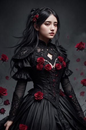 Fantasy, 1girl, (fractal clothes:1.4, intricated), black and red, roses, lightweight grey hair, extremely detailed, dynamic angle, full shot, elegant, rembrant color, romanticism, by roby dwi antono, atmospheric, ecstasy of wind, Masterpiece, best quality, delicate and beautiful, high-res CG illustration