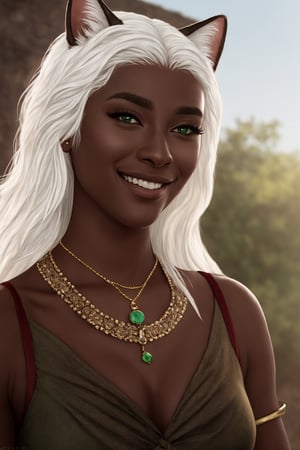 HDR, 8K resolution, intricate detail, sophisticated detail, depth of field, photorealistic, sharp focus, absurdres, Antandra_AFK, dark skin, white hair, cat girl, green gem necklace, smiling, cinematic composition, dynamic pose