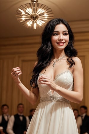 A graceful girl with long black hair and violet eyes is dancing in a ballroom. She is wearing a white gown and a silver necklace. She has a pair of white gloves and a fan in her hands, and she is moving with elegance and poise. She loves music and dance, and she is always graceful and refined. She has a gentle personality and a charming smile. She is polite and courteous, and she impresses everyone with her manners. She likes to dance with different partners and make them feel special. She has a passion for beauty and a sense of style. She is cute and sophisticated, and everyone respects her. She hopes that one day, she will be able to dance with her true love and live happily ever after.
