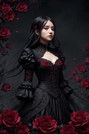 Fantasy, 1girl, (fractal clothes:1.4, intricated), black and red, roses, lightweight grey hair, extremely detailed, dynamic angle, full shot, elegant, rembrant color, romanticism, by roby dwi antono, atmospheric, ecstasy of wind, Masterpiece, best quality, delicate and beautiful, high-res CG illustration