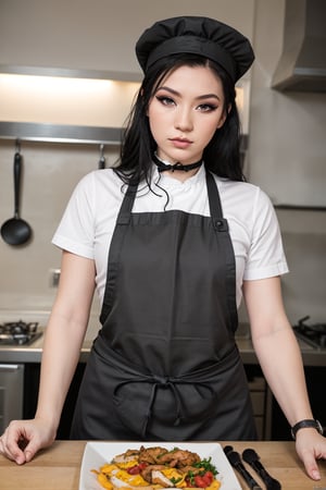 RAW Photo, DSLR, professional color graded, BREAK portrait photograph of girl Ar1aAl3xander, (makeup, eyeliner:1.2), choker, wearing a chef cap, (an apron, wearing shirt:1.2), in restaurant kitchen, cooking food, fire, frying pan, sharp focus, HDR, 8K resolution, intricate detail, sophisticated detail, depth of field, analogue RAW DSLR, photorealistic, looking at viewer, , 