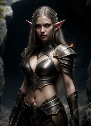 HDR, 8K resolution, intricate detail, sophisticated detail, depth of field, photorealistic, sharp focus, absurdres, closeup portrait of drow, action pose, fighting stance, female, pointy ears, solo, elf, navel, wearing elf armor, colored skin, looking at viewer, long hair, red eyes, grey skin, orange eyes, upper body, weapon, glowing eyes, lips, cave background