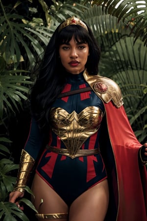 HDR, 8K resolution, intricate detail, sophisticated detail, depth of field, photorealistic, sharp focus, medium portrait of Yara_Flor, 1girl, solo, long hair, looking at viewer, black hair, dark skin, cape, holding weapon, armor, leotard, dark-skinned female, lips, tiara, red background, red cape, jungle beach background,