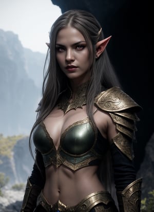 HDR, 8K resolution, intricate detail, sophisticated detail, depth of field, photorealistic, sharp focus, absurdres, closeup portrait of drow, female, pointy ears, solo, elf, navel, wearing elf armor, colored skin, looking at viewer, long hair, red eyes, grey skin, orange eyes, upper body, weapon, glowing eyes, lips, cave background