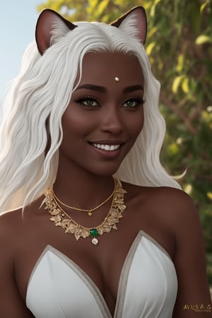 HDR, 8K resolution, intricate detail, sophisticated detail, depth of field, photorealistic, sharp focus, absurdres, Antandra_AFK, dark skin, white hair, cat girl, green gem necklace, smiling, cinematic composition, dynamic pose