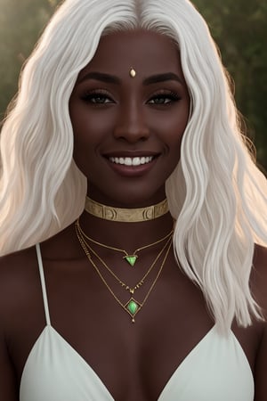 HDR, 8K resolution, intricate detail, sophisticated detail, depth of field, photorealistic, sharp focus, absurdres, Antandra_AFK, dark skin, white hair, white brow green gem necklace, smiling, cinematic composition, dynamic pose