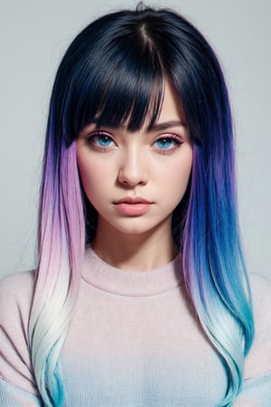 RAW Photo, DSLR, professional color graded, BREAK portrait of 1girl, solo, multicolored hair, ((gradient hair), white+(blue)+(pink:0.8) hair//), very long hair, messy hair, bangs, ahoge, ((gradient eyes), pink+light_blue eyes//), slit pupils, glowing eyes, :o, white sweater, best quality