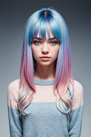 RAW Photo, DSLR, professional color graded, BREAK portrait of 1girl, solo, multicolored hair, ((gradient hair), white+(blue)+(pink:0.8) hair//), very long hair, messy hair, bangs, ahoge, ((gradient eyes), pink+light_blue eyes//), slit pupils, glowing eyes, :o, white sweater, best quality