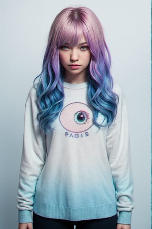 RAW Photo, DSLR, professional color graded, BREAK ((Chromatic aberration)) portrait of 1woman, hourglass-shaped torso, solo, multicolored hair, ((gradient hair), white+(blue)+(pink:0.8) hair//), very long hair, messy hair, bangs, ahoge, ((gradient eyes), pink+light_blue eyes//), slit pupils, glowing eyes, :o, white sweater, best quality