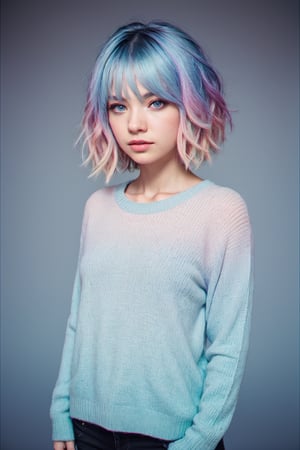 RAW Photo, DSLR, professional color graded, BREAK ((Chromatic aberration)) portrait of 1girl, solo, multicolored hair, ((gradient hair), white+(blue)+(pink:0.8) hair//), very long hair, messy hair, bangs, ahoge, ((gradient eyes), pink+light_blue eyes//), slit pupils, glowing eyes, :o, white sweater, best quality