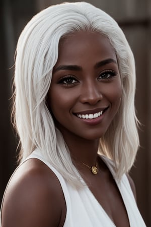 HDR, 8K resolution, intricate detail, sophisticated detail, depth of field, photorealistic, sharp focus, absurdres, Antandra_AFK, dark skin, white hair, smiling, cinematic composition, dynamic pose