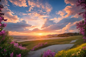 masterpiece, best quality, aethetic, vibrant sunsets, blooming wildflowers
