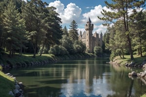 foto profesional de la epoca medieval, un castillo de piedra, realista, un lago cridtalino corre cerca con una vegetacion verde, arboles grandes, cinematico, 
